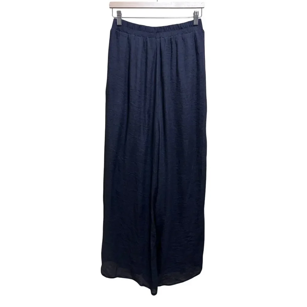 Bluivy Black Flowy Wide Leg Pants L Boho Pleated Elastic Waist Pockets Palazzo - Picture 3 of 9